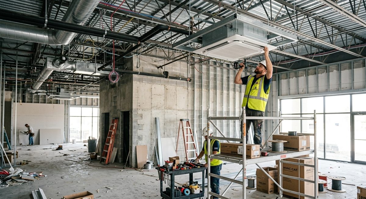 Monteure installieren ein Deckengerät im Rohbau einer Filiale