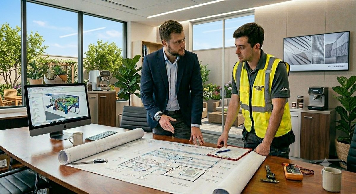 Planer und Techniker besprechen das Lüftungskonzept anhand von Bauplan und 3D-Modell