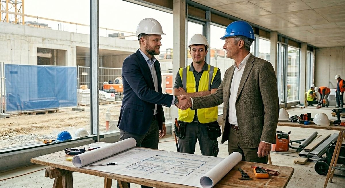 Handschlag zwischen Auftraggeber, Planer und Monteur auf der Baustelle
