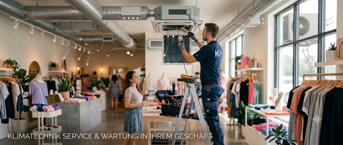 Techniker wartet ein Klima-Deckengerät im laufenden Geschäftsbetrieb